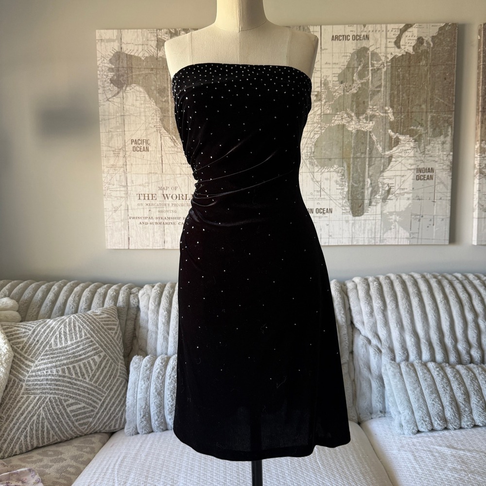 90s Onyx Nite Black Velvet Strapless Cocktail Dress Sparkly Size8 Made in‎ USA